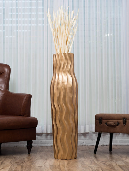 Large Mango Wood Floor Vase – Handcrafted Decorative Highlight from Thailand, gold, 105 cm