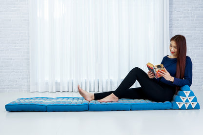 Thai Folding Mat with Triangle Cushion – Handmade Kapok Relax Mat for Sleeping, Reading & Lounging, Sf22 - Blue, 4 seating segments