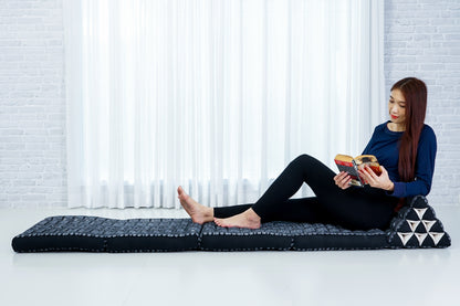 Thai Folding Mat with Triangle Cushion – Handmade Kapok Relax Mat for Sleeping, Reading & Lounging, Cbt4 - Black, 4 seating segments