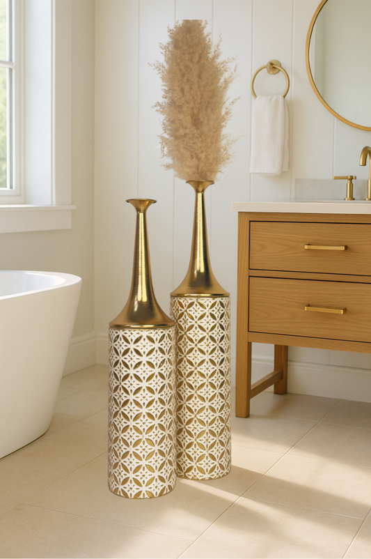 Metal Floor Vase Set of 2 – Tall & Large Handmade Standing Vases, 66/59 cm, gold