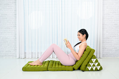 Thai Folding Mat with Triangle Cushion – Handmade Kapok Relax Mat for Sleeping, Reading & Lounging, Cl23 - Green, 4 seating segments