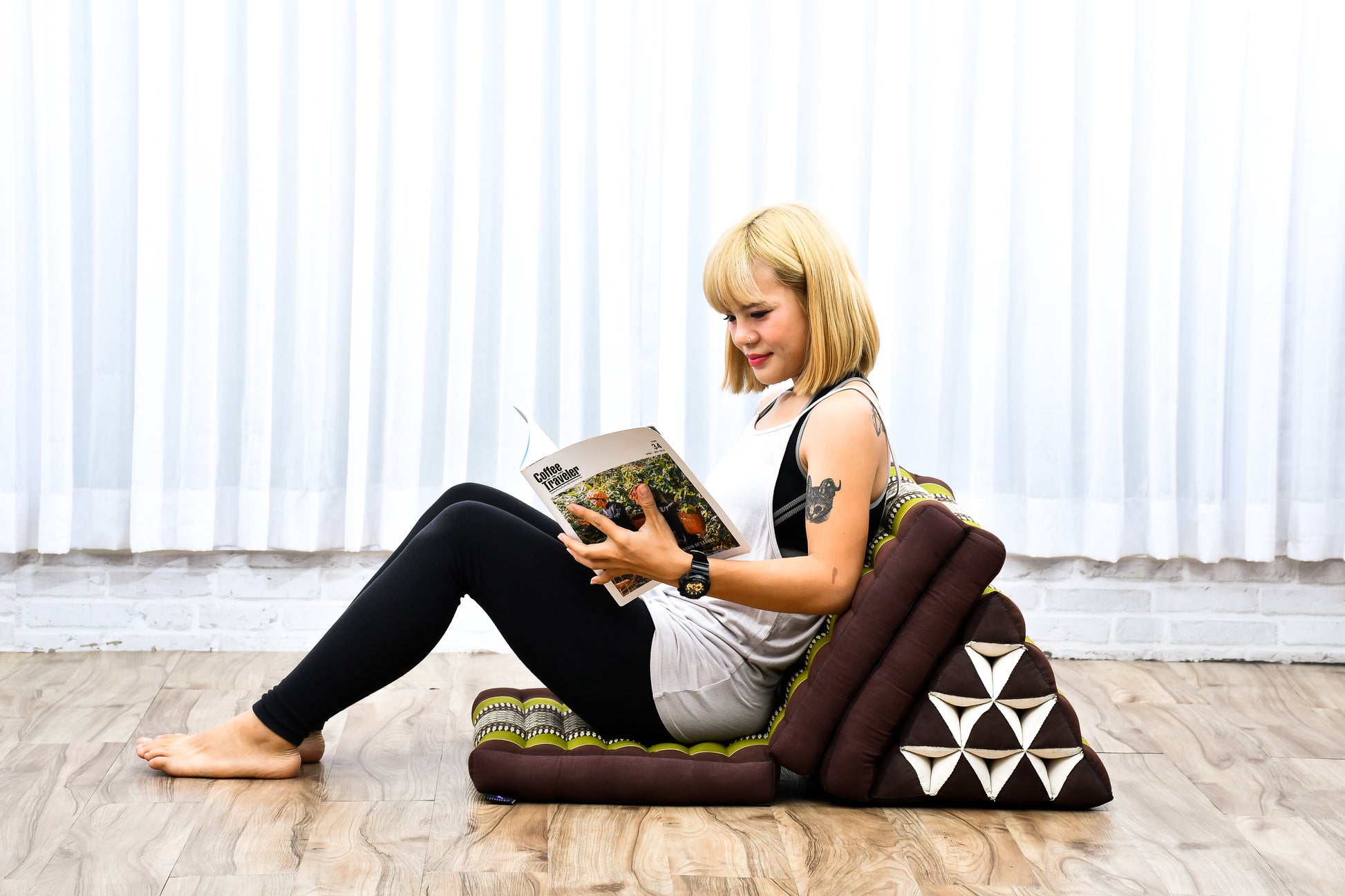 Thai Folding Mat with Triangle Cushion – Handmade Kapok Relax Mat for Sleeping, Reading & Lounging, Sf20 - Brown, Green, 3 seating segments
