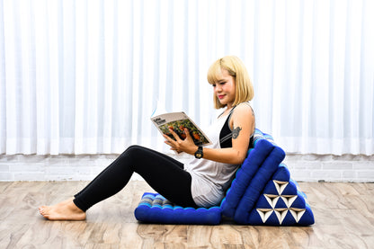 Thai Folding Mat with Triangle Cushion – Handmade Kapok Relax Mat for Sleeping, Reading & Lounging, Sf28 - Blue, 3 seating segments