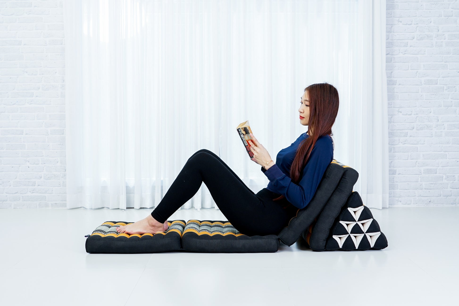 Thai Folding Mat with Triangle Cushion – Handmade Kapok Relax Mat for Sleeping, Reading & Lounging, Sf03 - Black, Orange, 4 seating segments