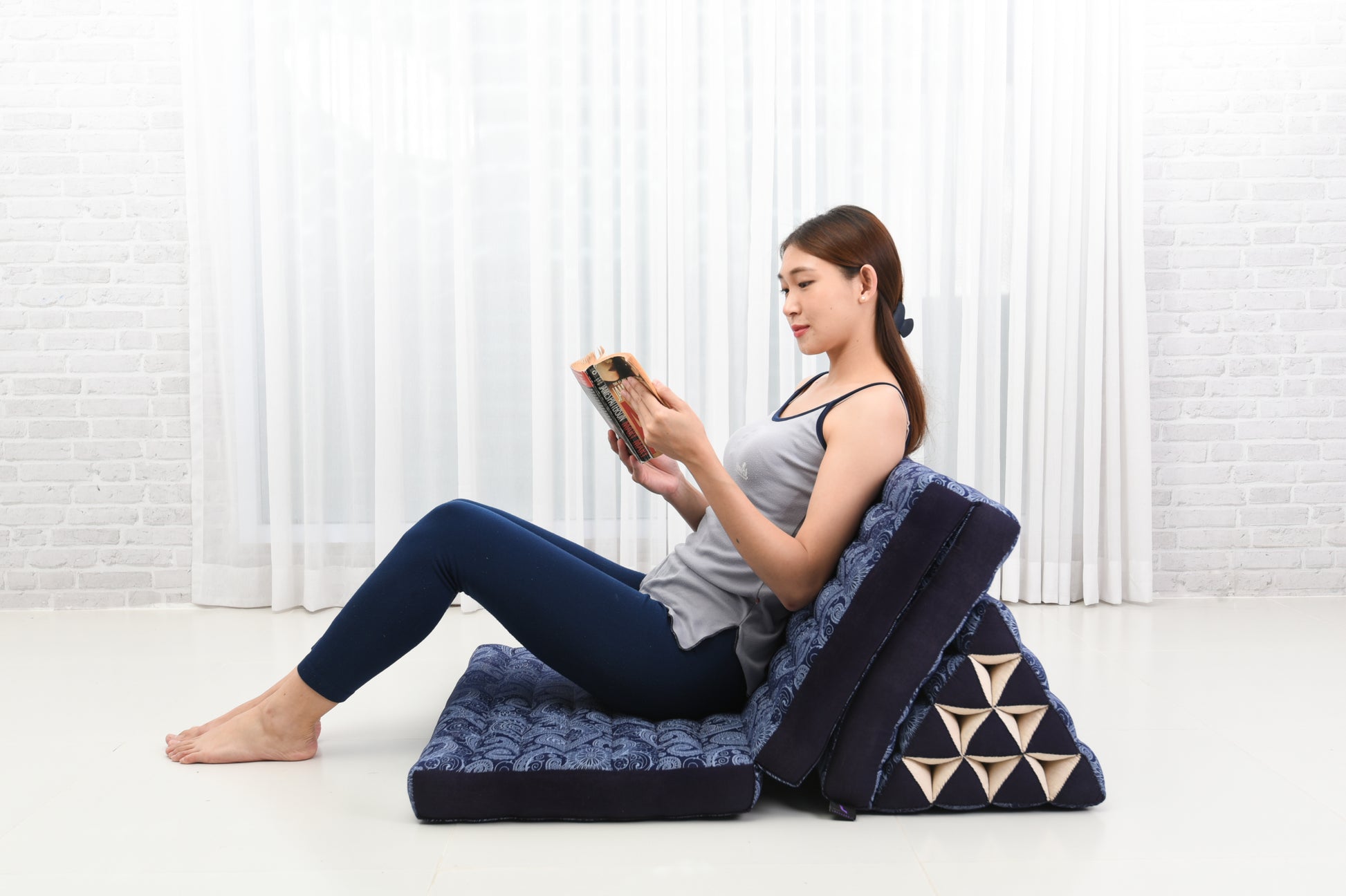 Thai Folding Mat with Triangle Cushion – Handmade Kapok Relax Mat for Sleeping, Reading & Lounging, Cbt1 - Blue, 3 seating segments XL